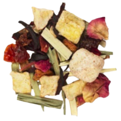 A collection of dried herbs and fruits used to make a passion tango herbal tea, including hibiscus, cinnamon, apple, rose hips, lemongrass, raspberry leaves, passionfruit, rose petals, and apricots & mango, with a pink drink recipe.