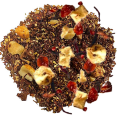 red rooibos, green rooibos, peanuts, rose hips, hibiscus, apple, strawberry, raspberry leaves