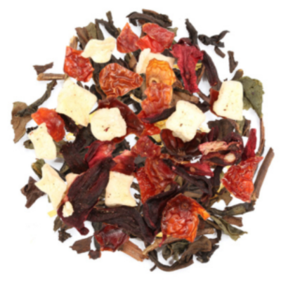 A blend of black tea leaves, hibiscus, apple, pineapple, coconut, and rose hips.
