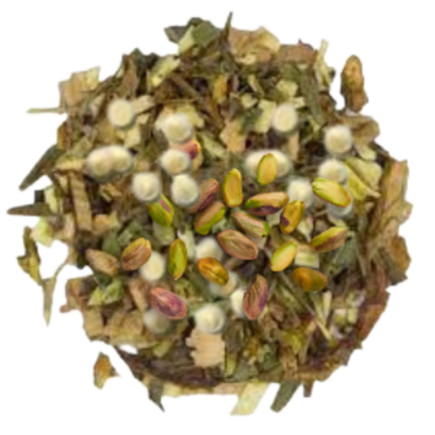 green rooibos loose-leaf  tea with  coconut, white chocolate chips,  and pistachios
