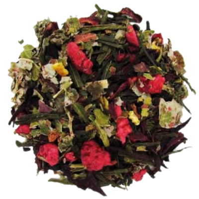 green and decaf ceylon loose-leaf tea, orange, lemon, freeze dried raspberries
