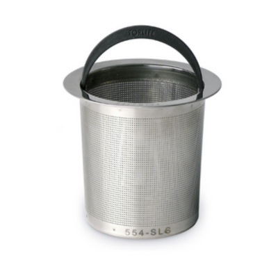 Stainless steel tea infuser with black handle on a white background