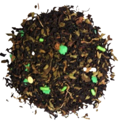 black tea, decaf black tea, peppermint, candy cane pieces, vanilla, cream, sprinkles