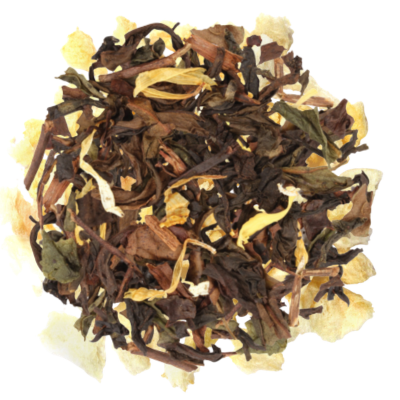 Oolong Tea leaves with peaches on a white background