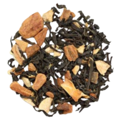black loose-leaf tea, cinnamon, ginger, cocoa nibs