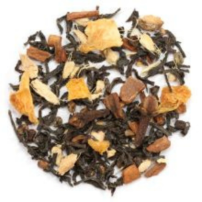 black loose-leaf tea, cinnamon, ginger, cardamom, orange, cloves, apple