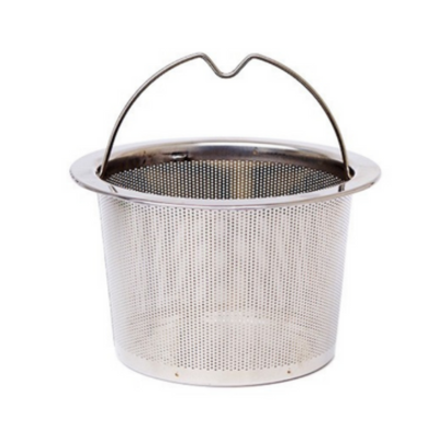 Metal mesh strainer with handle on a white background