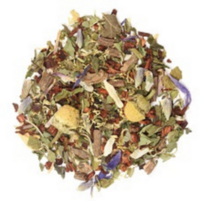 valerian root, honeybush, chamomile, spearmint, passion flowers, lemon balm, lavender, cherries, blue cornflowers