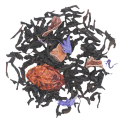 black loose-leaf tea, apple, candy apple flavor, smoky Lapsang Souchong, whiskey flavor,  caramel, vanilla flavors