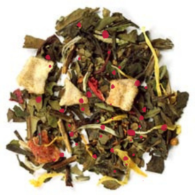 green and white tea, rooibos, apple, orange, pomegranate, raspberry leaves, raspberries, peach, mango