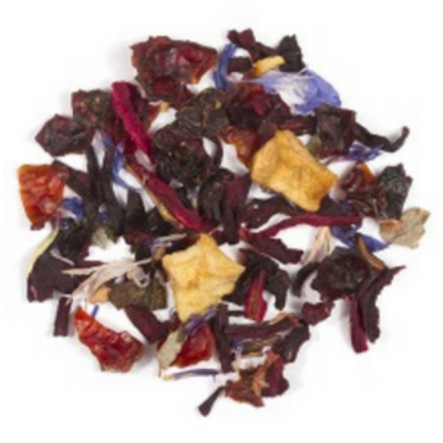 decaf ceylon tea, rose hips, hibiscus, apple, cornflowers, creme, raspberries, blueberry, strawberry, raspberry leaves