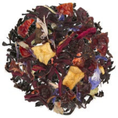 decaf ceylon tea, rose hips, hibiscus, apple, cornflowers, creme, raspberries, blueberry, strawberry, raspberry leaves