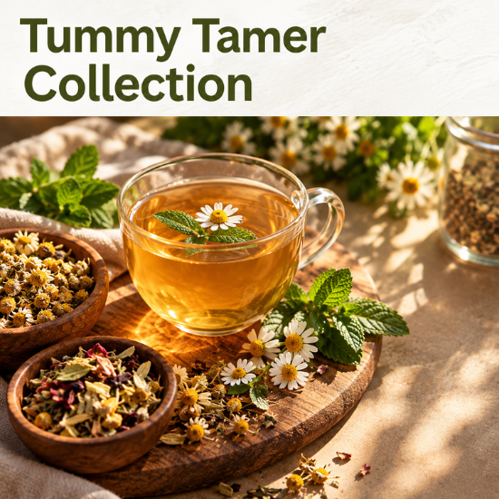 Tummy Tamer Tea Collection featuring seven caffeine free loose leaf tea flavors