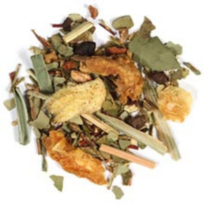 yerba mate, green rooibos, cinnamon, ginger, cardamom, orange, lemongrass, almond, pineapple, papaya with a tropical fruit and island spice taste