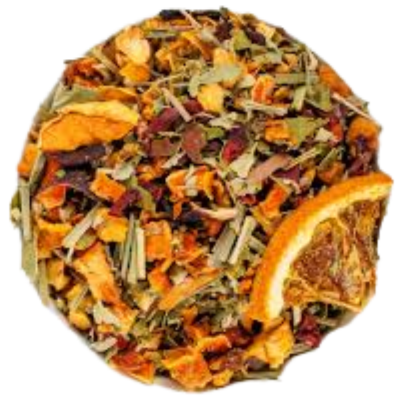 apple, eucalyptus leaves, beetroot, hibiscus, lemongrass, freeze-dried tangerine-orange pieces, orange slices.